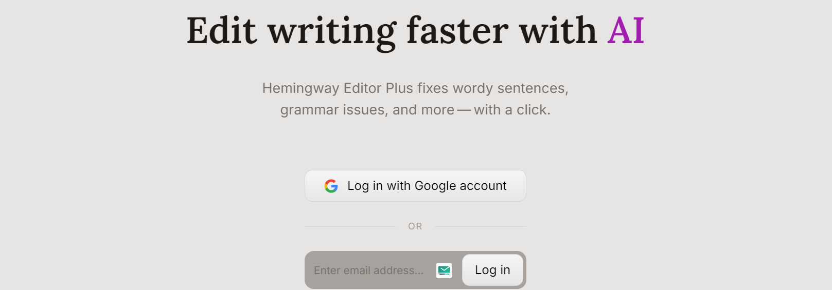Hemingway Editor login page