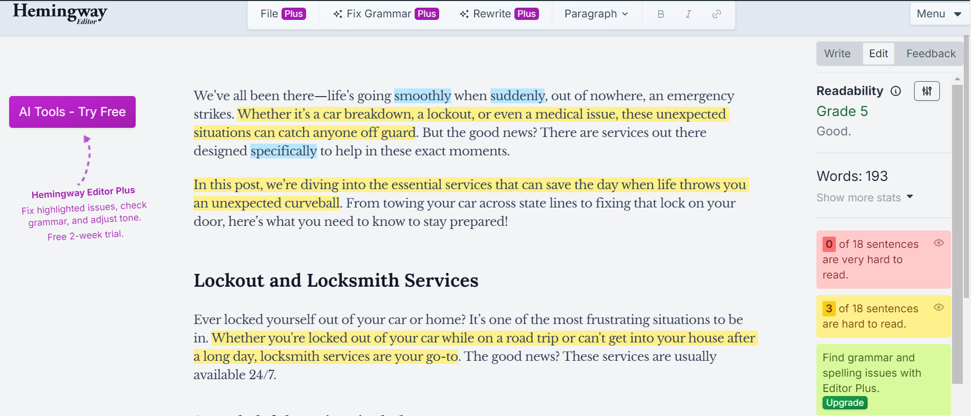 Hemingway Editor main page view