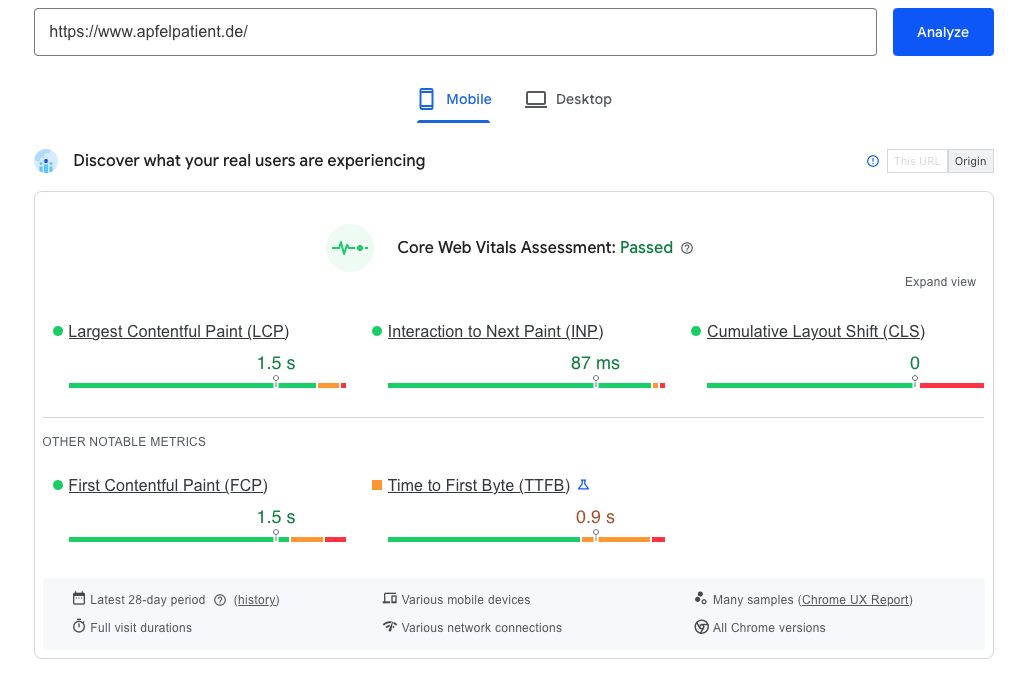 Apfelpatient.de Core Web Vitals: Passed.