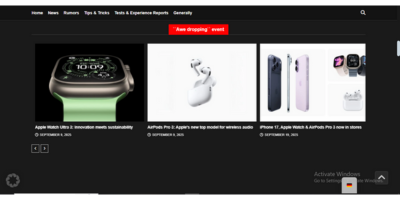 Apfelpatient.de 11 A website homepage shows articles about the Apple Watch Ultra 2, AirPods Pro 2, and iPhone 15/Apple Watch/AirPods.