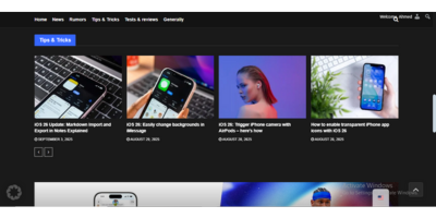 Apfelpatient.de 12 A website's dark-mode homepage features headlines: iOS 26.1 Beta 1 and iPhone Air and iPhone 17 Pro: Bend & Drop Test.