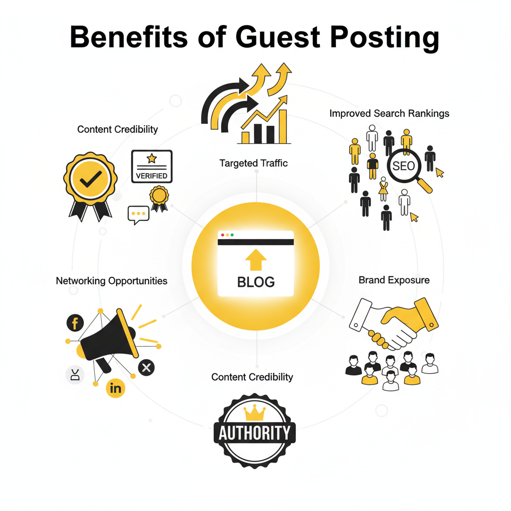 An infographic lists the benefits of guest posting, including improved search rankings, targeted traffic, and brand exposure.