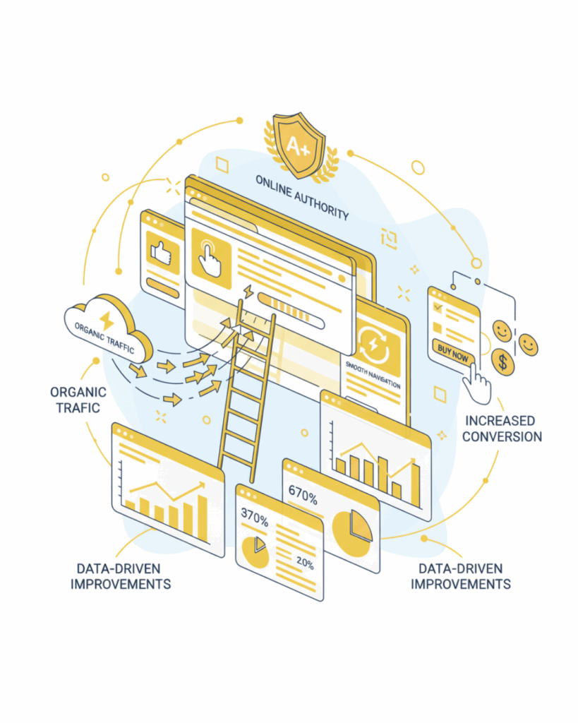 A gold and white illustration shows the relationship between online authority, organic traffic, and increased conversion.