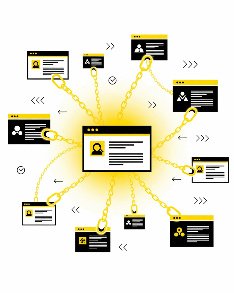 An infographic shows a central, glowing website connected by golden chains to multiple smaller websites surrounding it.