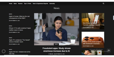 Apfelpatient.de 13 Dark mode news website interface with tech articles and a central image of a confused woman looking at a phone.