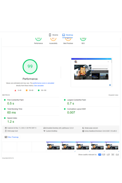 Apfelpatient.de 5 A technical SEO audit for a desktop site shows a performance score of 99, with a First Contentful Paint of 0.5s.