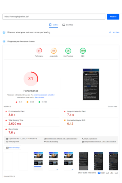 Apfelpatient.de 4 A PageSpeed Insights screenshot for a website with a performance score of 69, showing various metrics and an image of the site.