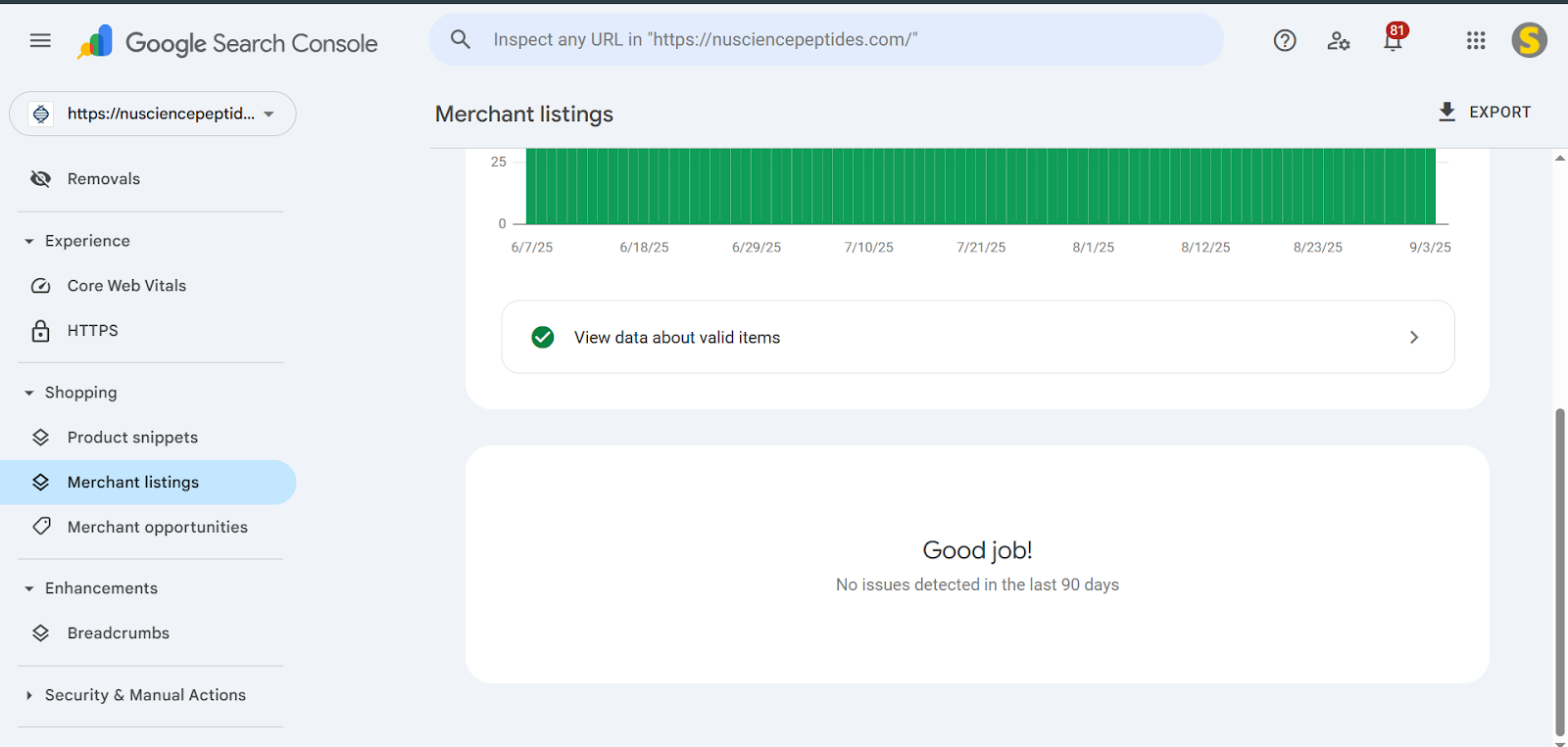 NuSciencePeptides.com 4 Google Search Console report for nusciencepeptides.com showing no merchant listing issues.