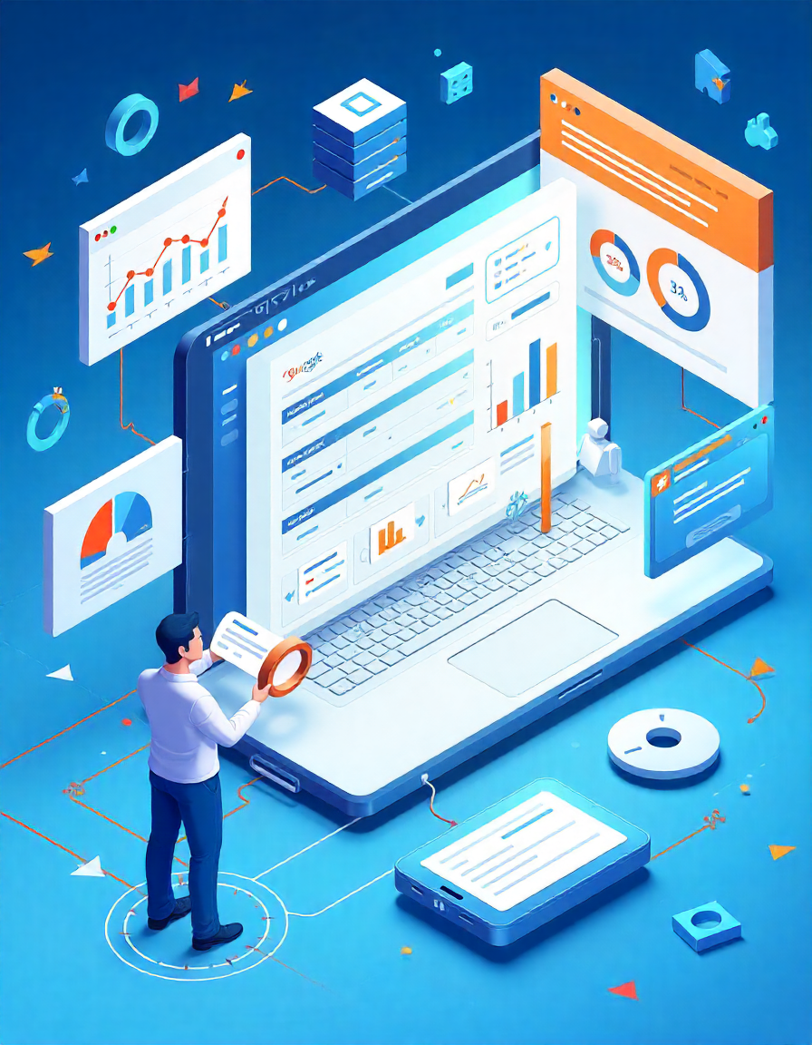 A 3D illustration shows a man looking at data on a laptop, surrounded by various charts and graphs.