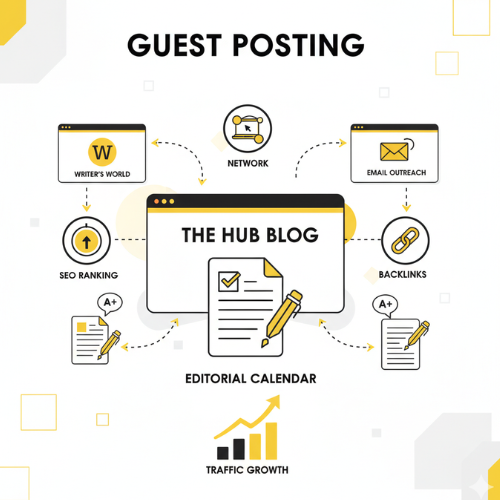 Flowchart showing the benefits of guest posting: SEO ranking, backlinks, and traffic growth, all centered around an editorial calendar.