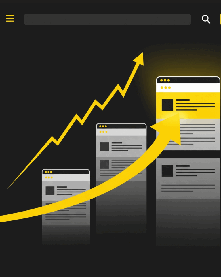 Benefits of Link Building Services: Why Backlinks Boost Your SEO 2 A graph shows an upward trend in search engine rankings, with a rising arrow pointing to a higher-ranking webpage.