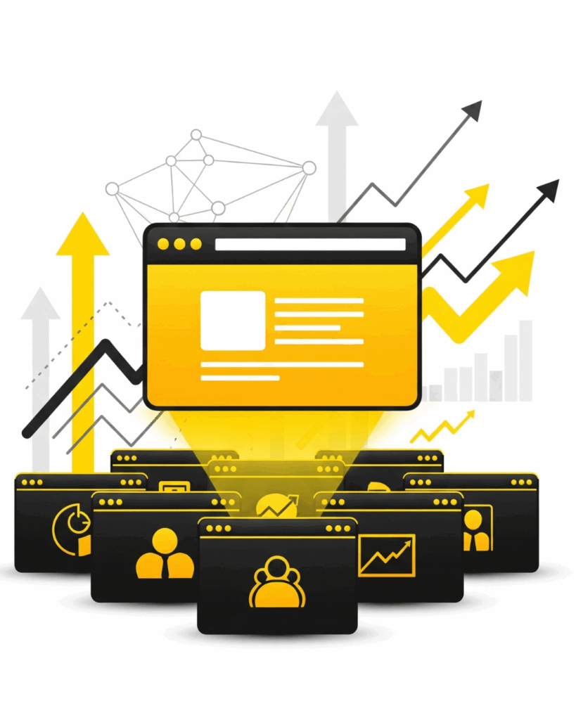 Yellow web browser icon radiating light onto multiple smaller icons representing users, data, and charts, with rising arrows.