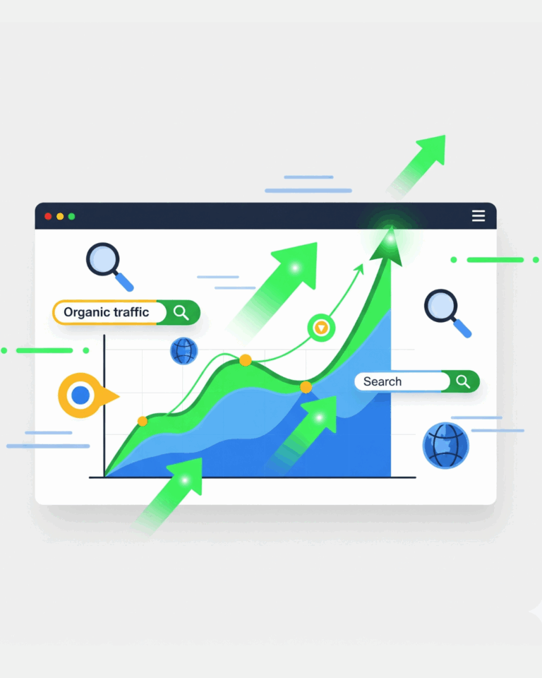 Benefits of Link Building Services: Why Backlinks Boost Your SEO 3 A chart showing an increase in organic traffic and search volume, with arrows pointing upwards.