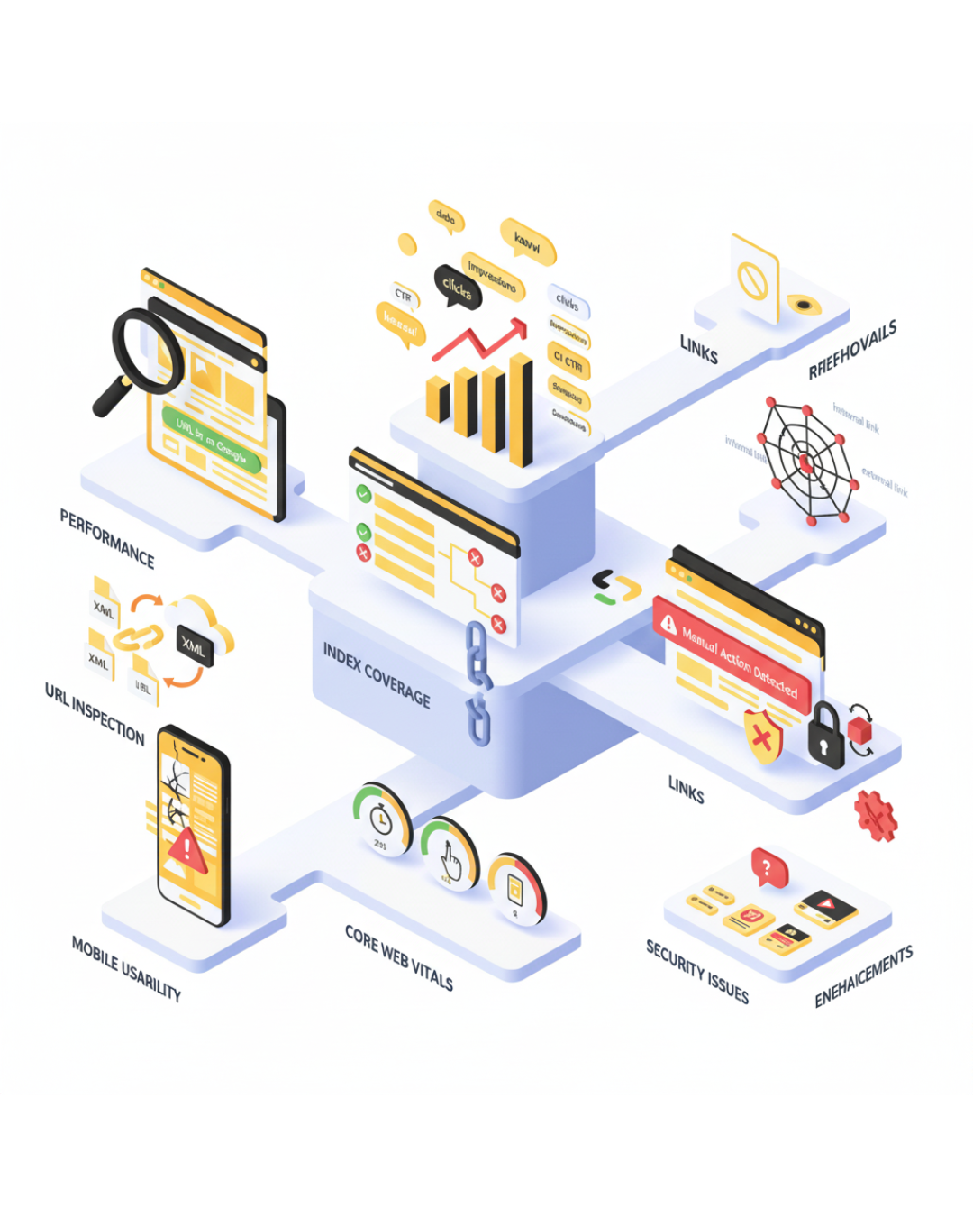 An isometric illustration of various SEO components connected by lines, representing a comprehensive SEO strategy.
