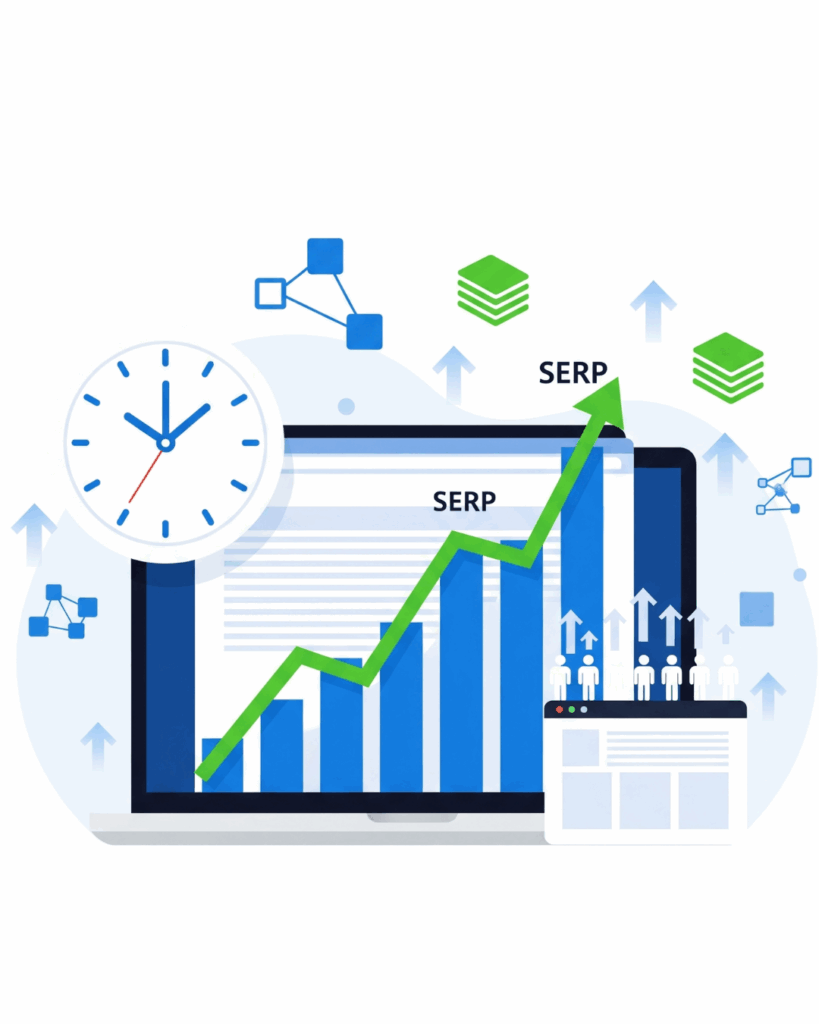 A graph on a laptop screen shows a green arrow pointing up, indicating growth in SERP rankings over time.