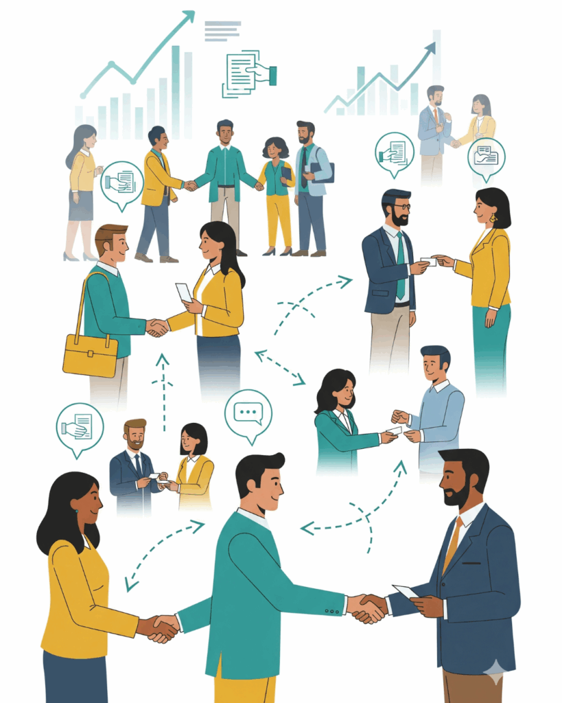 An illustration showing people networking, shaking hands, and exchanging business cards, leading to professional growth.