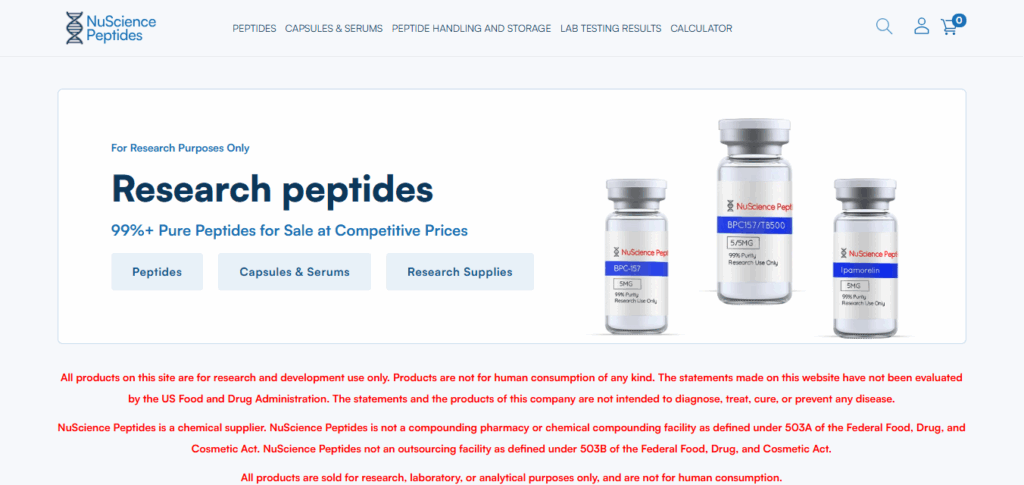 The NuScience Peptides homepage showing research peptides with images of product vials.