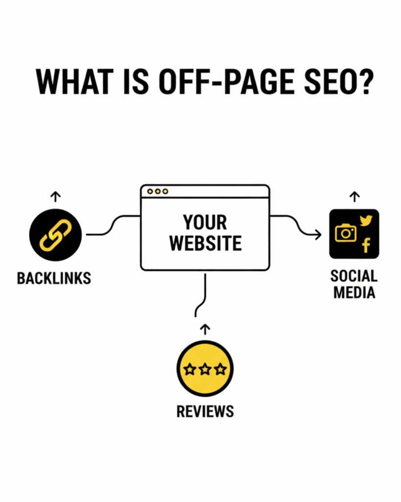 A diagram explaining off-page SEO, showing "Your Website" connected to "Backlinks," "Social Media," and "Reviews."