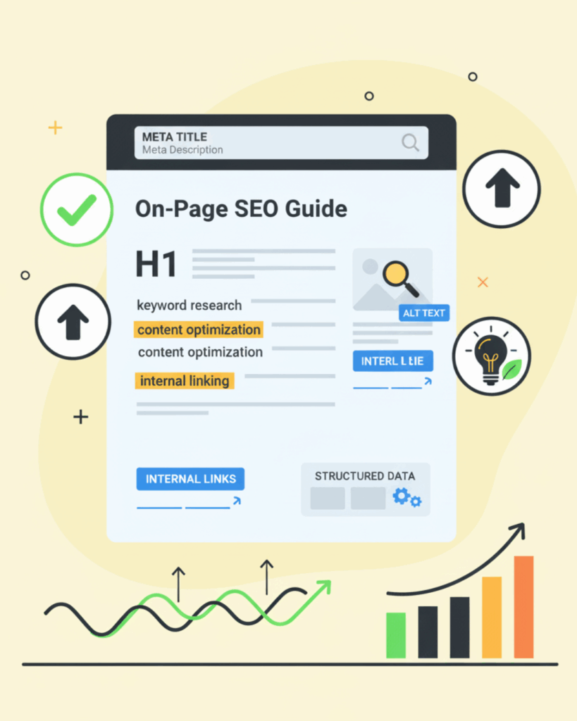 Illustration of an On-Page SEO guide highlighting meta title, H1, keyword research, content optimization, and internal linking.