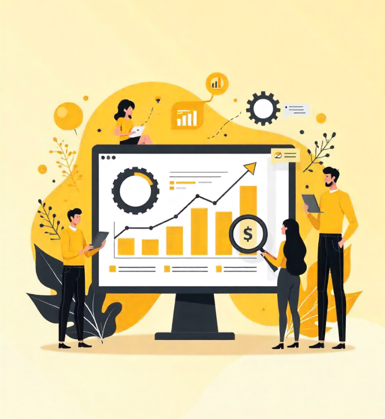 Boost Rankings with Organic SEO Services 20 People analyzing a large screen with charts and graphs. The scene conveys teamwork, growth, and financial success.