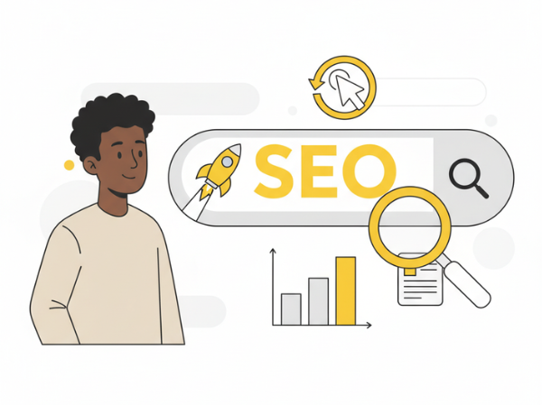 Boost Rankings with Organic SEO Services 19 Smiling person beside SEO graphic with search bar, rocket, magnifying glass, and growth chart for analytics.