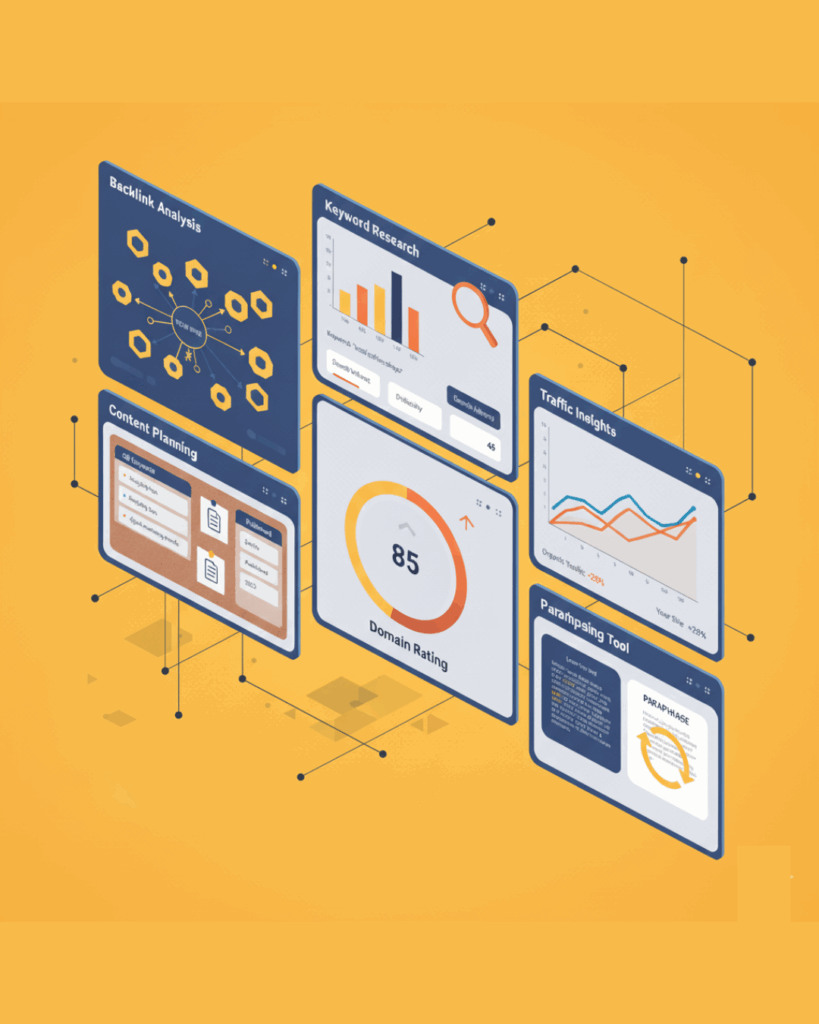 A diagram showing various Ahrefs SEO services like Backlink Analysis, Keyword Research, and Content Planning, with a central metric showing an 85% Domain Rating.