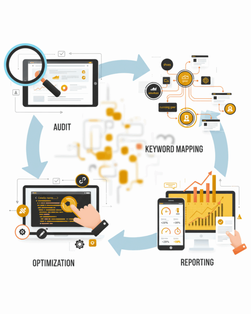 A visual representation of the SEO workflow, illustrating audit, keyword mapping, reporting, and optimization in a cyclical process.
