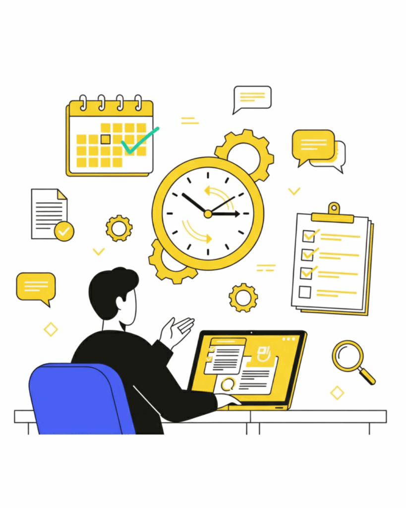 A graphical representation shows a person at a desk with a laptop, a large clock, a calendar, and a checklist.