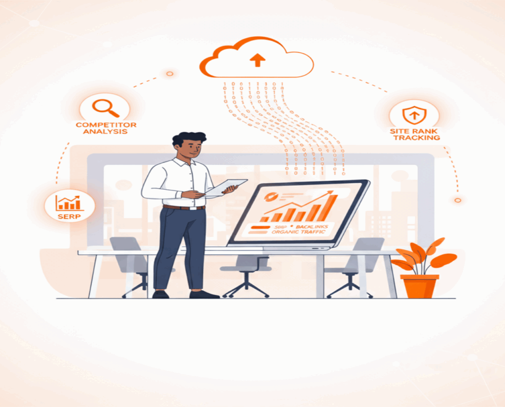 A person analyzing SEO data on a laptop, with icons for competitor analysis, site rank tracking, and SERP.
