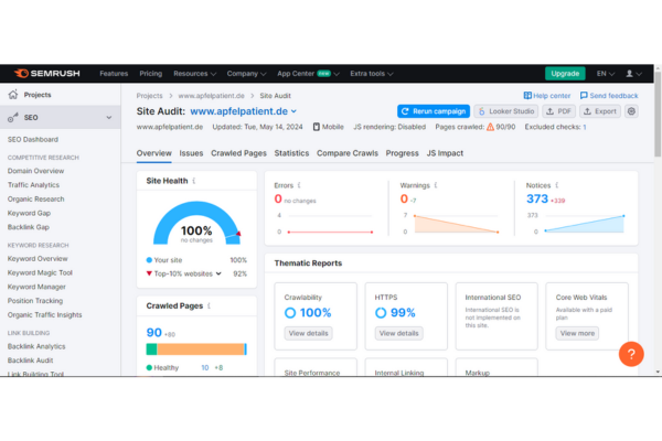 Apfelpatient.de 3 A dashboard from SEMrush showing a site audit for apfelpatient.de. It displays a 100% Site Health score.