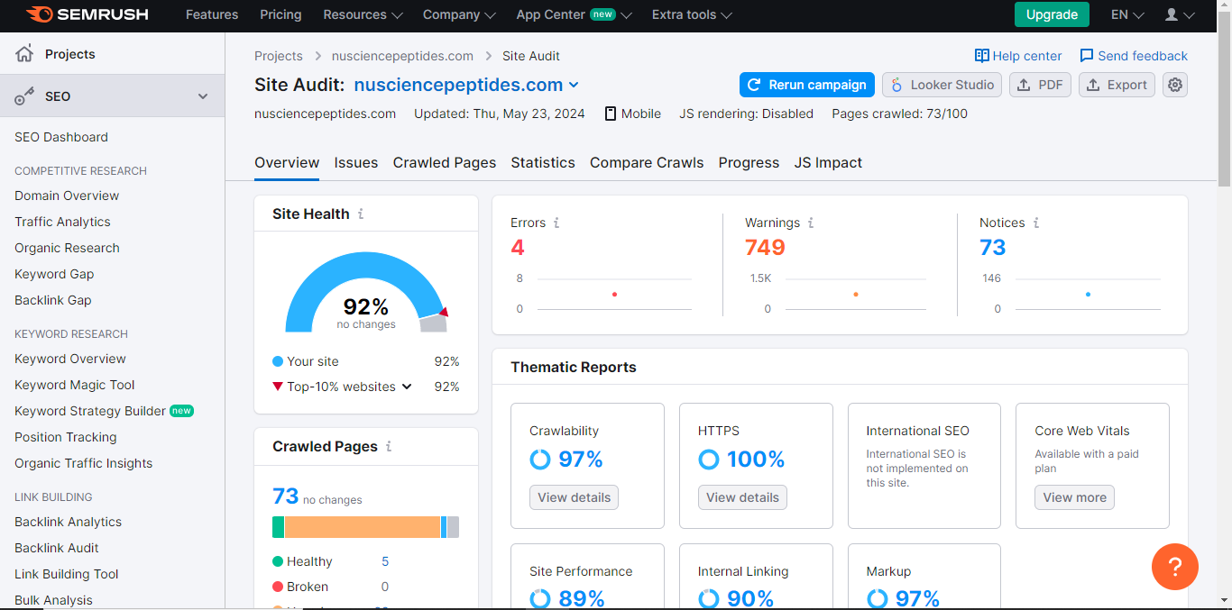 NuSciencePeptides.com 7 Semrush site audit report for nusciencepeptides.com, showing a 92% site health score and several warnings.