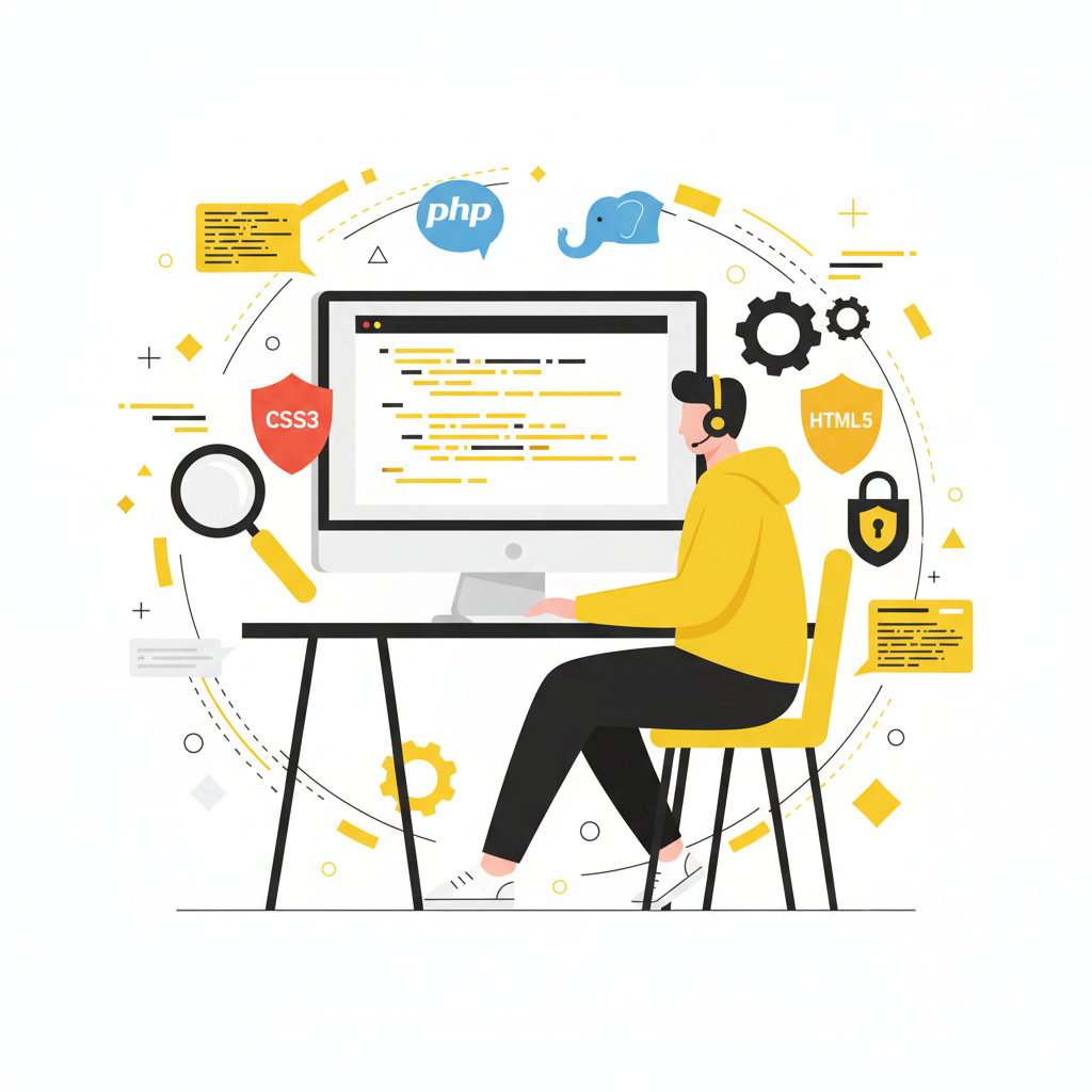 A man in a yellow hoodie sits at a desk, coding on a computer surrounded by icons representing PHP, CSS3, and HTML5.