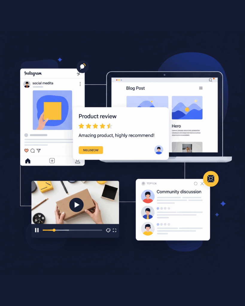 A collage of different types of user-generated content, including an Instagram post, a product review, a blog post, a video, and a community discussion.