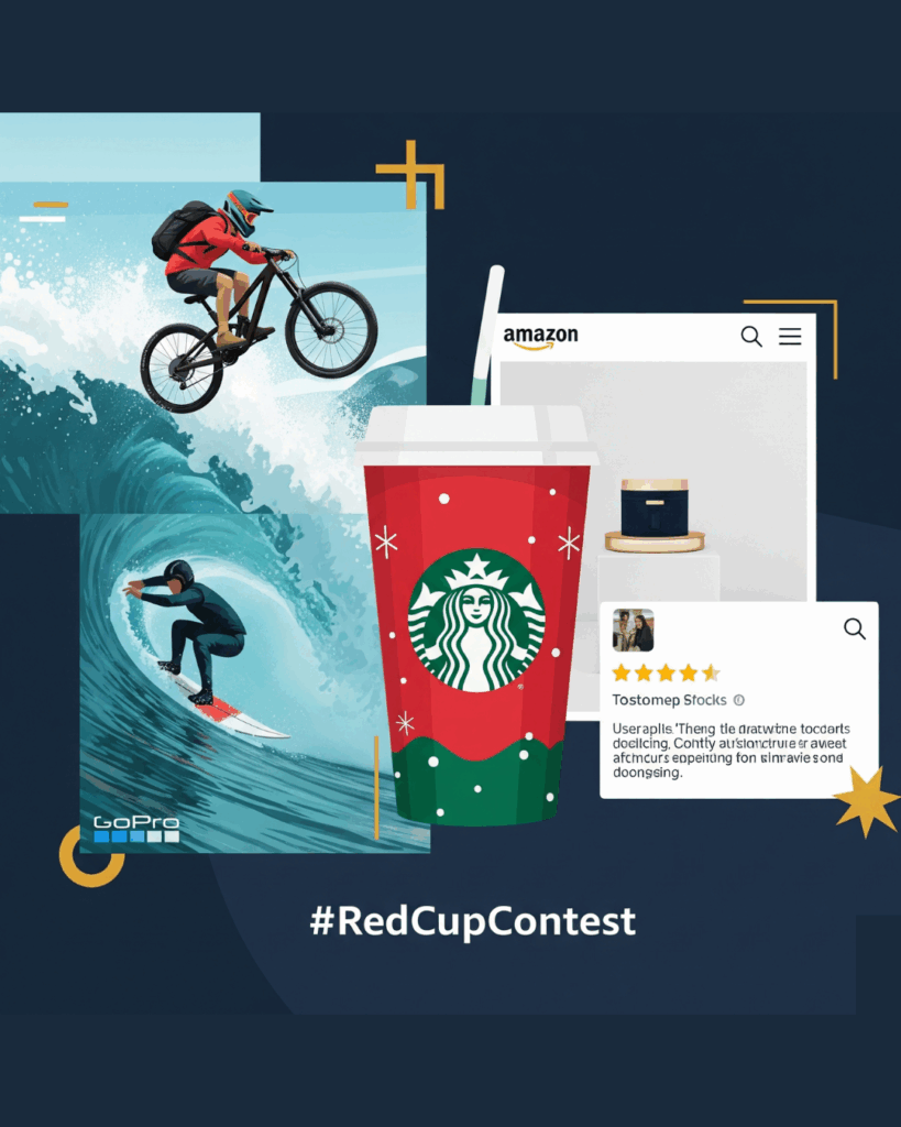 Illustrative graphic showing different types of user-generated content, including a bicyclist, a surfer, and a product review.