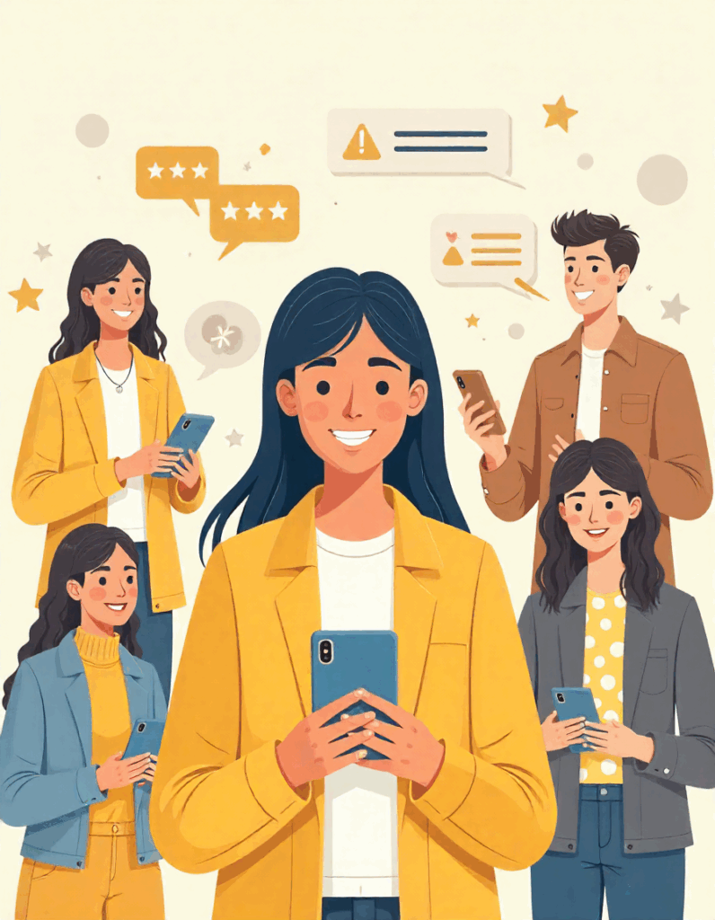 A diverse group of five people, all smiling and holding smartphones, are surrounded by floating chat bubbles and stars.
