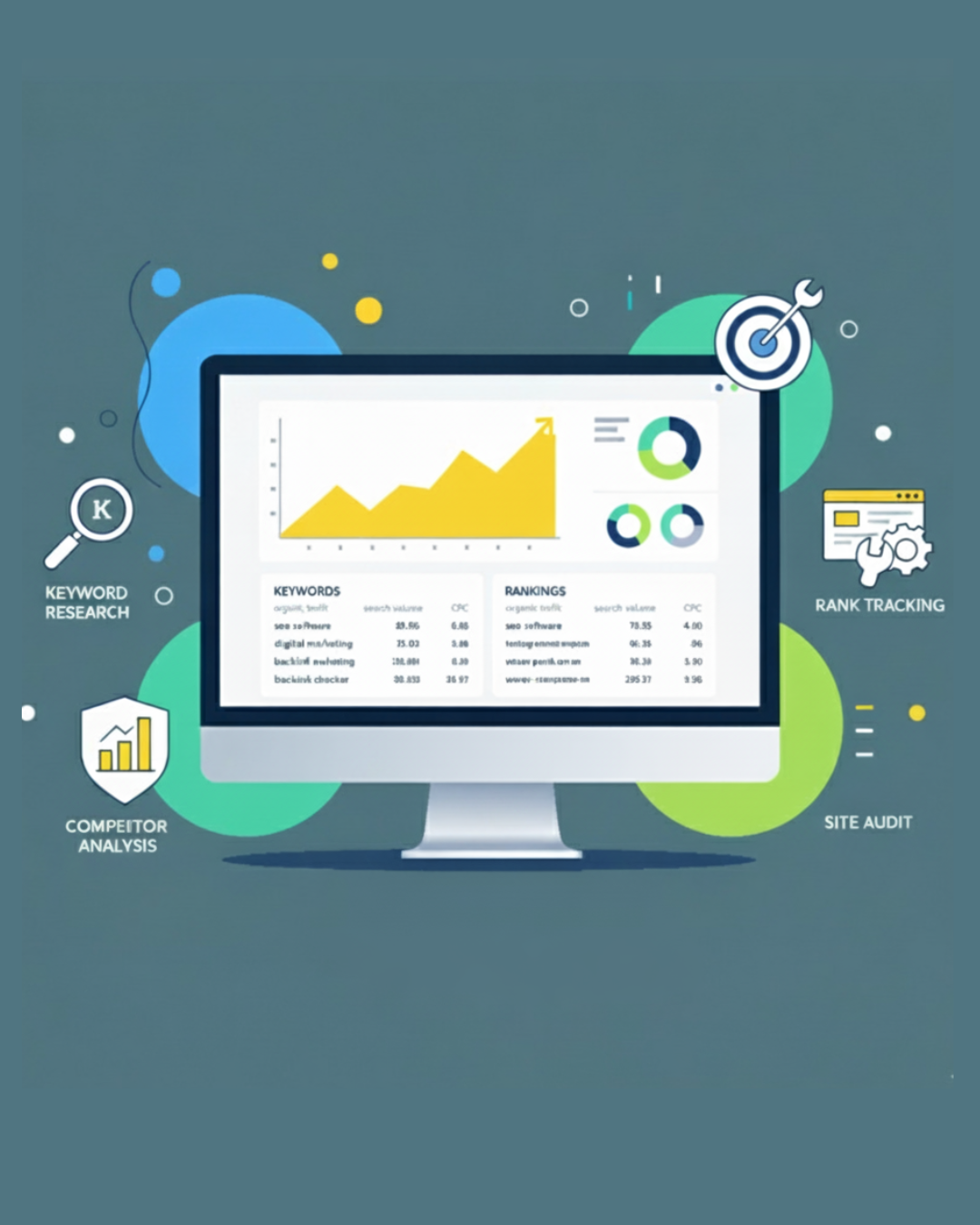 An illustrated computer monitor shows a graph and SEO data, with icons for keyword research, competitor analysis, and more.