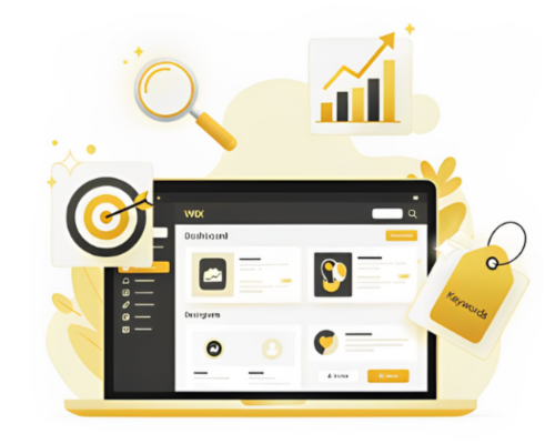A laptop displaying a Wix dashboard is surrounded by SEO-related icons: a magnifying glass, a target, a bar chart, and keywords.