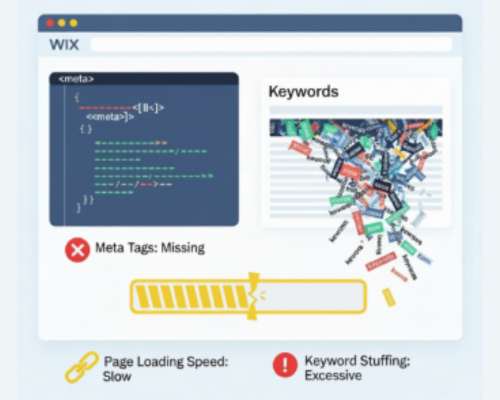 An illustration shows a Wix-like interface with a meta tag error, excessive keyword stuffing, slow page loading, and missing meta tags.