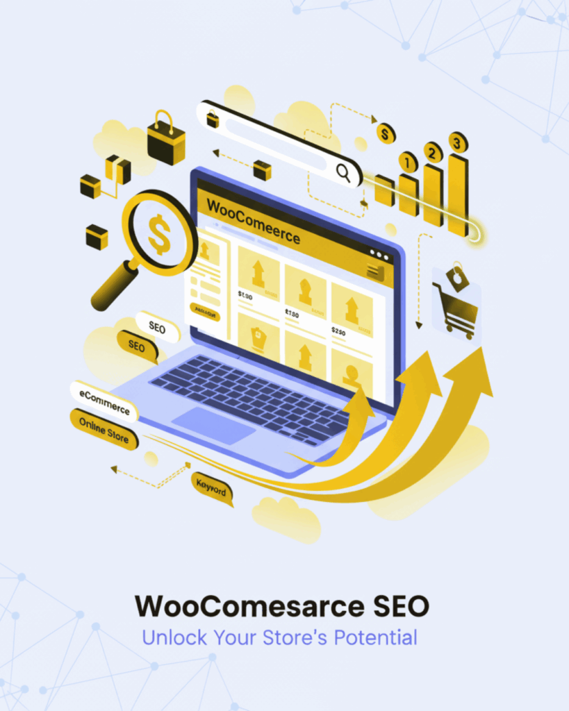 An infographic illustrates "WooComesarce SEO: Unlock Your Store's Potential" with a laptop showing an e-commerce site.