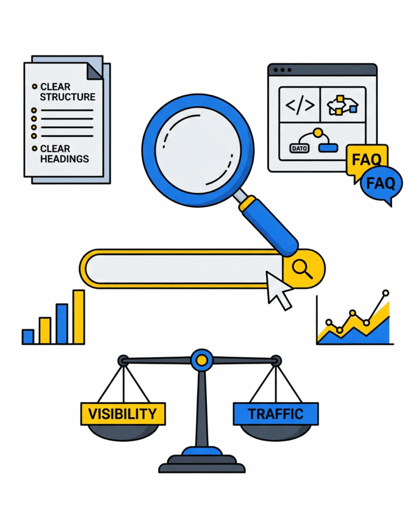 How to Optimize for Zero-Click Searches: Everything You Need to Know 4 An infographic showing best practices for zero-click search optimization, with a magnifying glass, charts, and a scale.