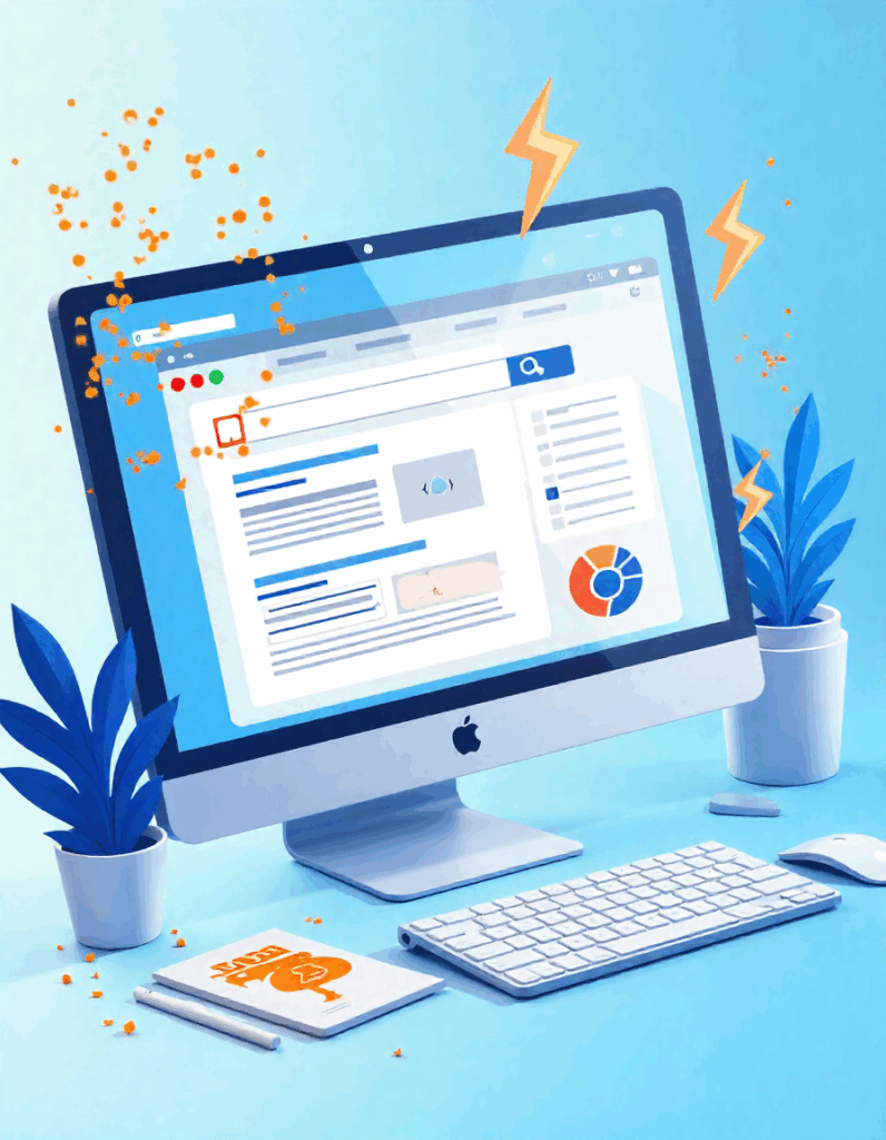 How to Optimize for Zero-Click Searches: Everything You Need to Know 1 Vibrant desktop scene with computer, keyboard, mouse, notebook, and plants on a light blue surface with orange accents.