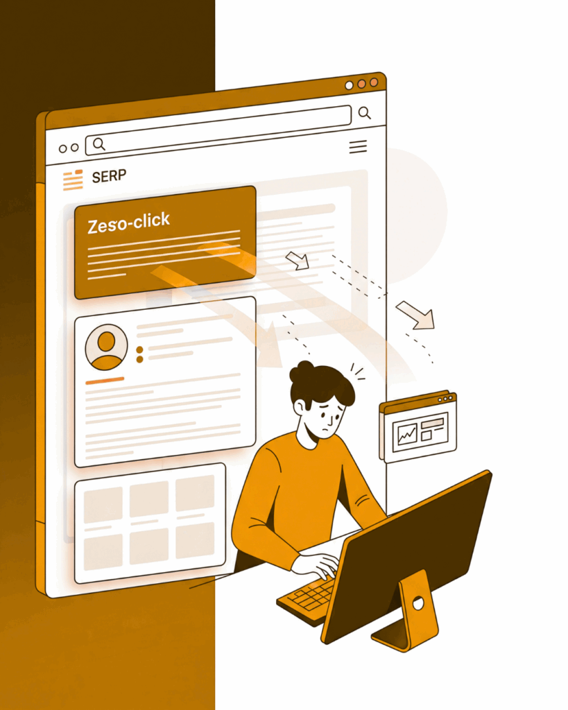 How to Optimize for Zero-Click Searches: Everything You Need to Know 2 Illustration of a sad person looking at a search engine results page (SERP) with "Zeso-click" prominently displayed.