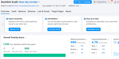 Blueskyscrubs.com’s 9 A dashboard for a backlink audit, showing a Low overall toxicity score for the website blueskyscrubs.com.