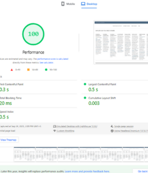 Blueskyscrubs.com’s 5 A Google Lighthouse performance audit report showing a perfect score of 100 for a website's desktop version.