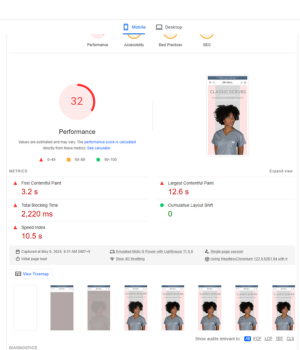 Blueskyscrubs.com’s 2 A Google PageSpeed Insights report for a website with a low performance score of 32, shown in a mobile view.
