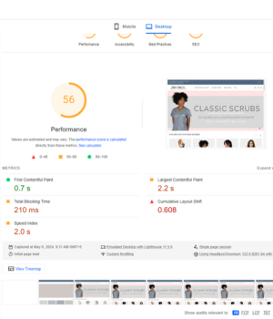 Blueskyscrubs.com’s 4 A Lighthouse performance report showing a score of 56. Metrics include First Contentful Paint, Largest Contentful Paint, and Speed Index.