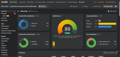 Quantuminnovationlabs.com 2 Ahrefs site audit dashboard showing a health score of 89