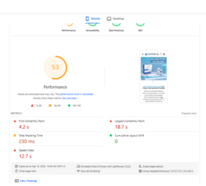 Quantuminnovationlabs.com 6 Google PageSpeed Insights mobile performance report showing a score of 53, with slow metrics like 18.7s LCP.