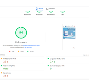 Quantuminnovationlabs.com 7 A performance report showing a mobile score of 94 with First Contentful Paint at 2.3s and Largest Contentful Paint at 2.4s.