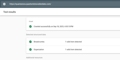 Quantuminnovationlabs.com 5 Test results for a website crawl, showing successful crawl and Breadcrumbs and Organization structured data detected.